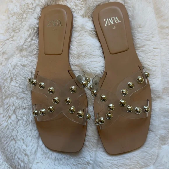 Zara Beige Clear Studded Slide Sandals - Picture 9 of 10